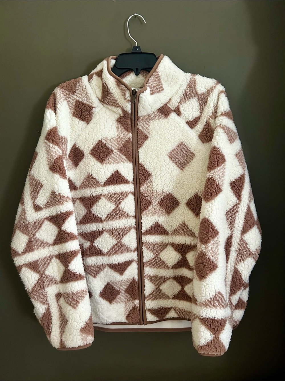 Sonoma Cream & Brown Geometric Sherpa Zip Jacket
